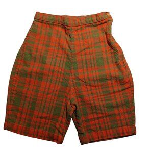 Girls 12 20W Shorts Vtg 60's Plaid High-Waist Orange Green Cotton Side Zipper